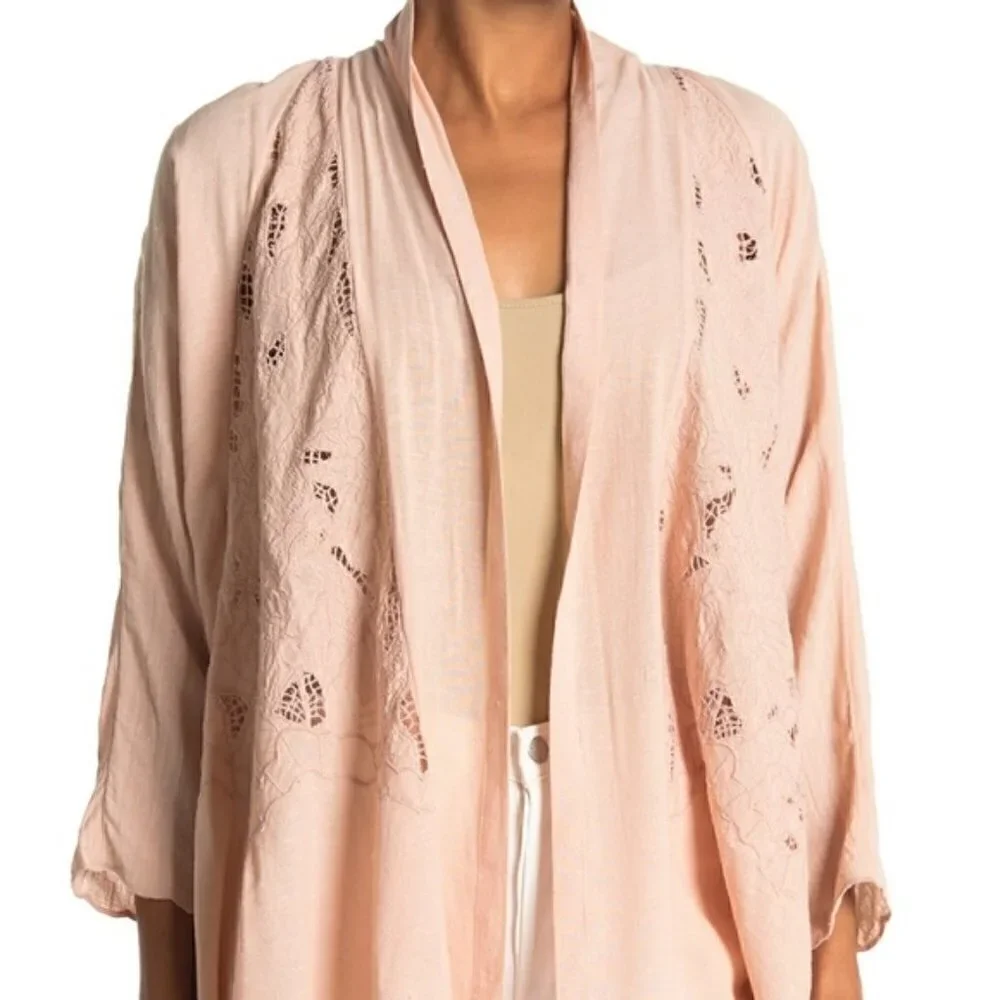 New Free People Cool Nights Crochet Conch Pink Cardigan Short Duster Kimono Sz S